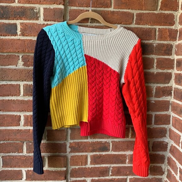 Alice + Olivia Women's Lebell Mixed-Knit Cropped Sweater Asymmetric Colorblock S - Picture 1 of 3